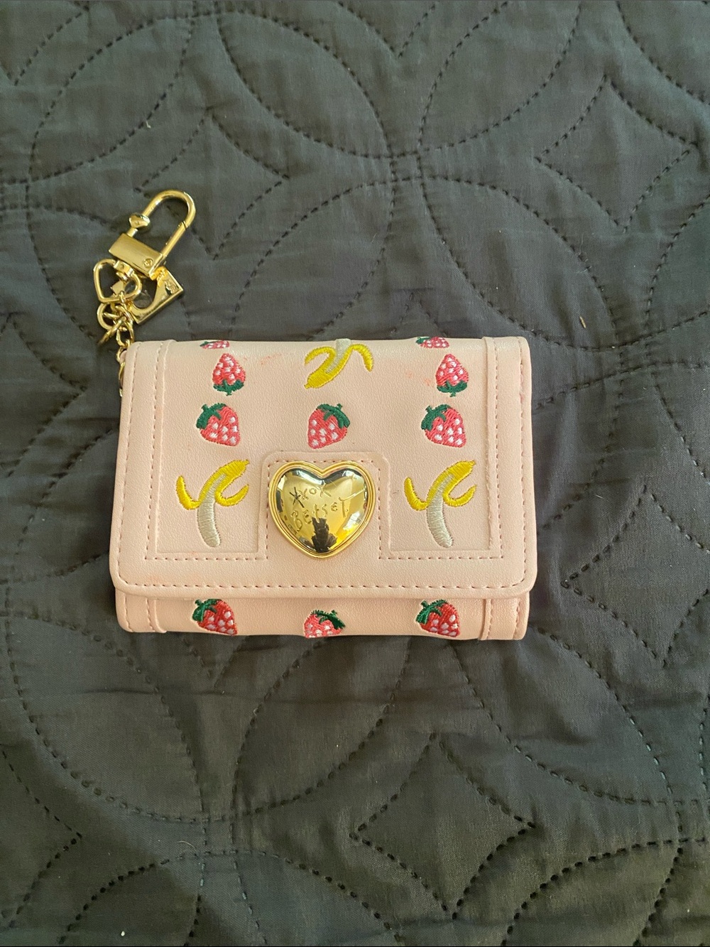 Betsey Johnson Playful Pink Fruit-Embroidered Women's Wallet with Heart Lock